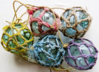 Japanese Glass Fishing Floats 3-3 5  Colored Net Five Long Strings Vtg Usa Bz