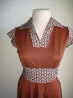 Vintage Juniors Womens 1970s Brown Dress 7 Xs S Paisley Grapes Cap Sleeves