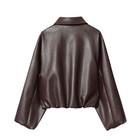 Women s Genuine Leather Cropped Bomber Jacket     Balloon Sleeves     Dark Brown
