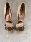 Badgley Mischka Beige Satin Beaded Rhinestone D orsay Open Toe Women s Heels 9