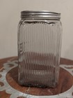 Vintage Ribbed Glass Hoosier Coffee Canister Jar W original Lid   Not Repro  