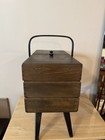 Vintage Sewing Box Wood 3 Tier Accordion W  Legs Dovetailed Basket Clean