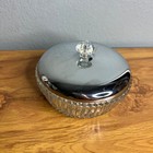 Vintage Mcm Art Deco Ribbed Glass Powder Jar Trinket Dish Metal Lid Vanity Decor