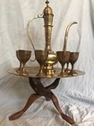 Vintage Brass Middle Eastern Turkish Coffee Pot  Tray  Cups  And Carved Stand