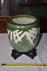 Vtg Green And Ivory Floral Pottery Planter Flower Pot - Japan 12 x9 25  W  Stand