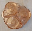 Vintage Pink Depression 3 Glass Bottles   Round Tray Dresser Vanity Set