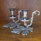 Vintage Pewter Candlesticks  Ornate Leaf And Filagree Motif  Made In India 