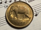Belgian Congo 2 Francs 1947 Km28 Brass 2-yr Type Elephant Very Rare In Top Grade