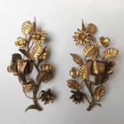 Vintage Italian Gilt Tole Pair Candle Wall Sconces Gilded Leaves And Flowers