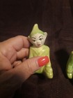 3 Green Ceramic Sitting Pixie Elves Christmas Big Eyes White Face Figurines Rare