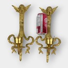 Vintage Brass Cherub Angel Wall Sconces Pair Gold Candle Holders Snake Decor