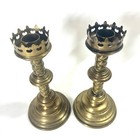 Pair Antique Late 19th Century Gothic Copper Or Brass Altar Candlestick Holders