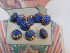 Antique Set 9 Chic Czech Glass 5 16    Tiny Buttons -card Royal Blue Gold Zig Zag