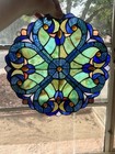 Vintage Stained Glass Suncatcher Blue Green Floral