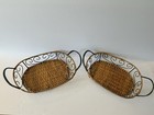 2 Set Wicker Rattan Baskets Oval Tray Rustic Farmhouse Decor Metal Scroll Handle