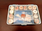 Blue Plastic Marbleized Sewing Box With 12 Wooden Thread Spools   Vtg