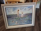 Vintage Beautiful California Sea Children Nymph Coastline Framed Oil Painting