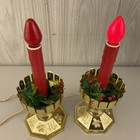 Pair Vintage Light Up Christmas Blow Mold Plastic Candles Holly Berry Gold Base