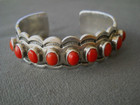 Becenti Jr Native American Navajo Coral Row Sterling Silver Stamps Cuff Bracelet