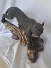 Large Vintage Black Panther Riding A Log Sculpture 20  Long 14  Tall