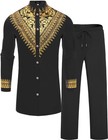 Men s African 2-piece Metallic Suit Set  Gold Printed Dashiki Shirt   Pants Outf