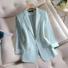 Women Blazer Suit Jacket Coat Crystal Rhinestone Dress Lapel 3 4 Sleeve Thin Top