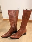 Women   s Brown Leather Knee High Riding Boots Zip Closure Almond Toe Comfort 8