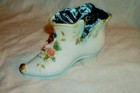 Vintage Porcelain Bisque Shoe Pin Cushion Japan Blue Velvet Applied Flowers Hp