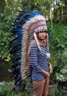 Blue Feather Warbonnet Headdress Indian Hat Handmade Cosplay Festival Chief