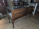 Antique Glass And Wood Mercantile Display Case With Curved Legs