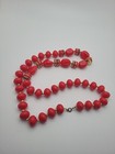 Vintage Plastic Bead Red Gold Tone Necklace 29  Long Chunky Retro