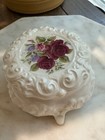 Vintage Jewelry Footed Trinket Box Glass With Roses Vanity Dresser Antique