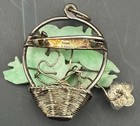Antique Chinese Jade Flower Basket Convertible Brooch Pendant Silver Enamel