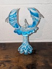 Dolphins On Wave Statue Figure 9  Murano Style Art Glass Blue And White