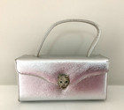 Vintage Saks 5th Avenue 1960 s Silver Box Purse Rhinestone Lion Head Clasp Vinyl