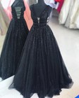 Glitter Black Long Prom Dresses Sexy Deep V-neck A-line Evening Party Dress