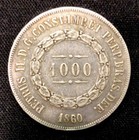 1860 Brazil Silver  60 50 1000 Reis  Enn Coins