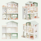 Modern Wooden Doll House For Kids Girls - Toddler Dollhouse With 8 Rooms Playset