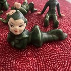 5 Vintage  Ceramic Tumbling Green Pixie Elves Made In Japan    50s