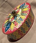 Vintage Brightly Colored Floral Oval Tin Container Gold  Made In Holland 