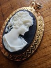Vintage Black Resin Victorian Lady Cameo Pendant Gold Tone Clear Rhinestone