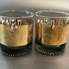 Vtg Smoked Glass Phone Telephone Rotary Gold Rocks Cocktail Glasses Set Pair Mcm