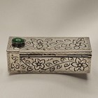 Vintage 800 Silver Lipstick Case Etched Floral W  Mirror   Green Cabochon