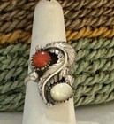 Vtg Native American Sterling Silver Bezel-set Coral   Mother-of-pearl Ring 7-1 2