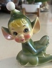 Rare Vintage Ceramic Pixie Elf Figurine Knee Up 1950s Mid-century Green Japan