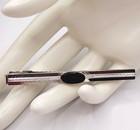 Anson Sterling Silver Onyx Cabochon Center Long Tie Clip Bar Clasp Vintage Rare