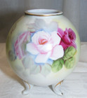 Vintage Porcelain Bulbous 4 1 2  Vase 3 Feet Hand Painted Roses Gold Trim 21-a