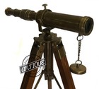 Vintage Adjustable Telescope Wood Tripod Brass Spyglass On Stand Table Decor 9 