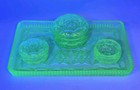Vintage Art Deco Uranium Glass Dressing Table Vanity Set Tray Powder Pots Uv