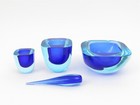 Trio Of Vintage Murano Cut Glass Flat Rim Blue Bowls With Pestle 7 25  Diameter